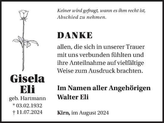 Traueranzeige von Gisela Eli von WochenSpiegel