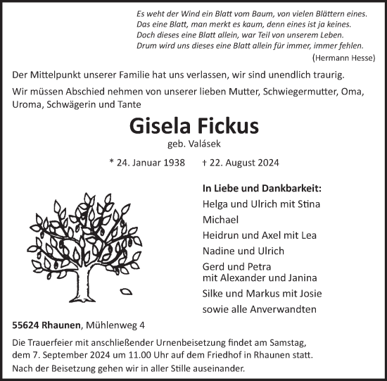 Traueranzeige von Gisela Fickus von WochenSpiegel