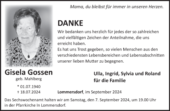 Traueranzeige von Gisela Gossen von WochenSpiegel