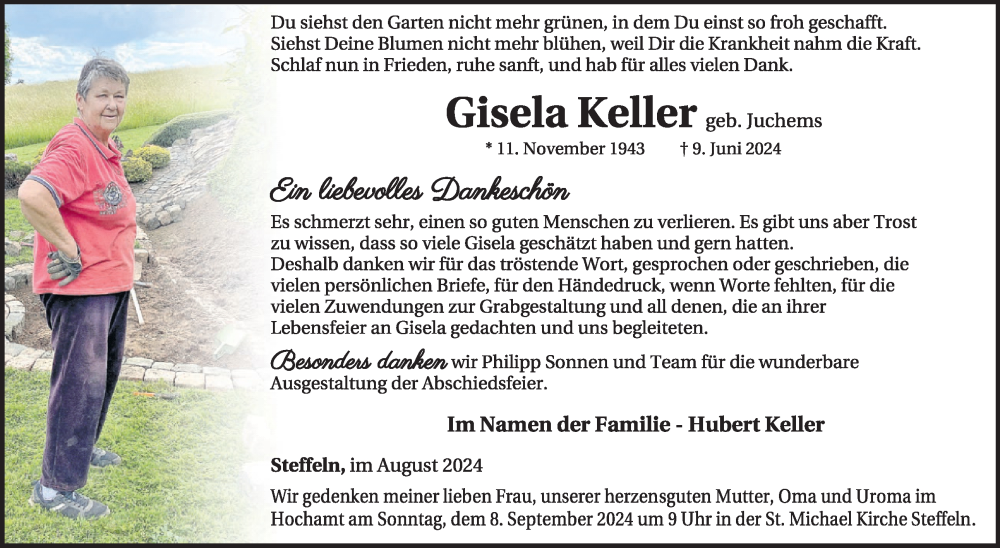  Traueranzeige für Gisela Keller vom 31.08.2024 aus WochenSpiegel