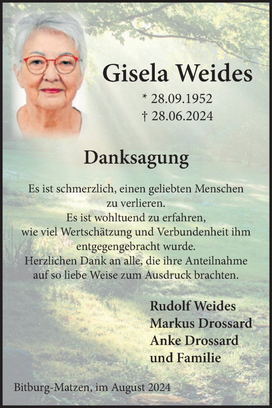 Traueranzeige von Gisela Weides von WochenSpiegel