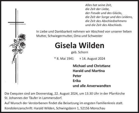 Traueranzeige von Gisela Wilden von WochenSpiegel