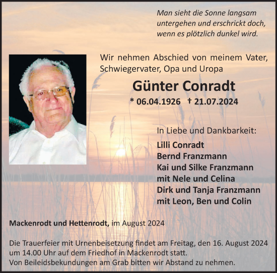 Traueranzeige von Günter Conradt von WochenSpiegel