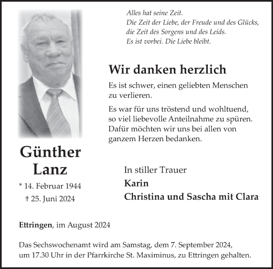 Traueranzeige von Günther Lanz von WochenSpiegel