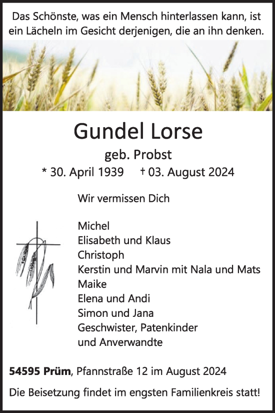 Traueranzeige von Gundel Lorse von WochenSpiegel