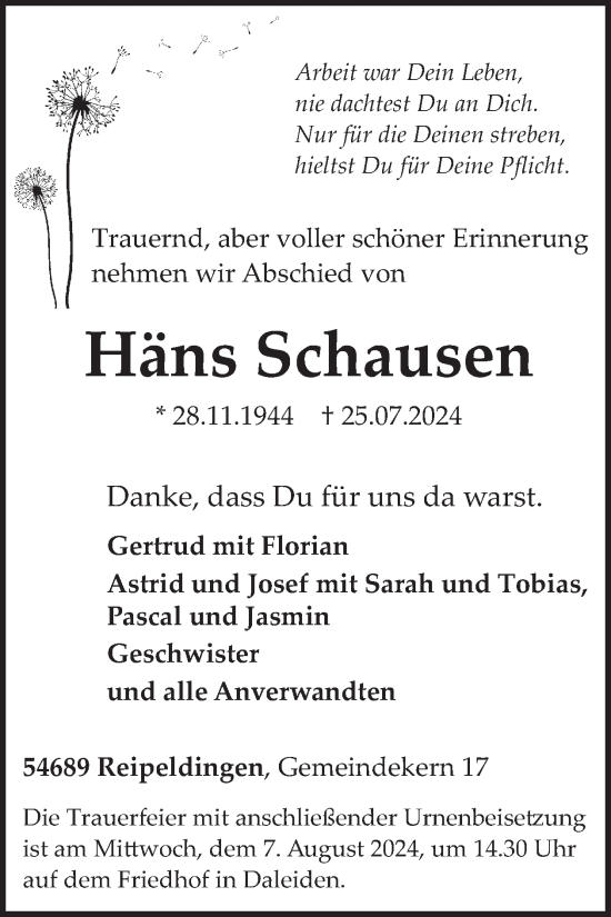 Traueranzeige von Häns Schausen von WochenSpiegel