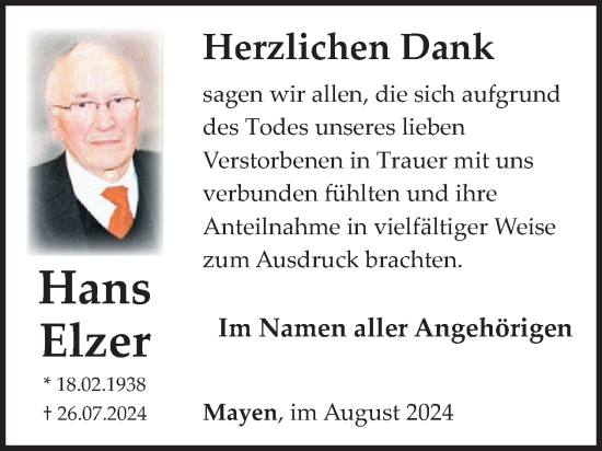 Traueranzeige von Hans Elzer von WochenSpiegel