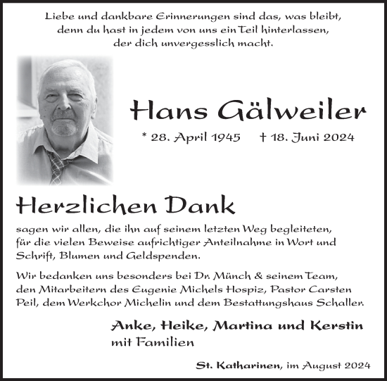 Traueranzeige von Hans Gälweiler von WochenSpiegel