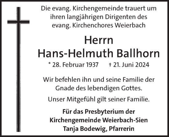 Traueranzeige von Hans-Helmuth Ballhorn von WochenSpiegel