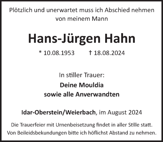 Traueranzeige von Hans-Jürgen Hahn von WochenSpiegel