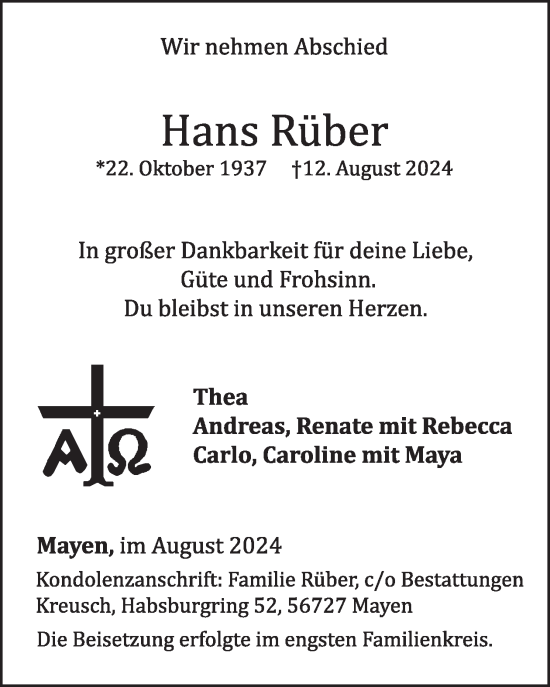 Traueranzeige von Hans Rüber von WochenSpiegel