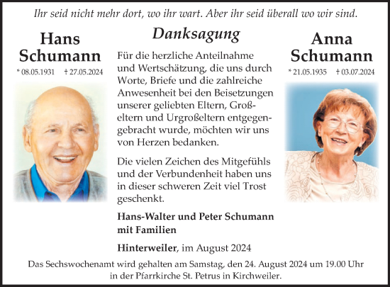 Traueranzeige von Hans Schumann von WochenSpiegel