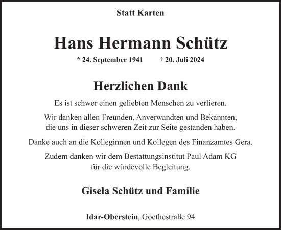 Traueranzeige von Hans Hermann Schütz von WochenSpiegel