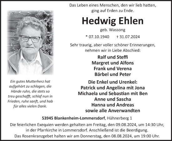 Traueranzeige von Hedwig Ehlen von WochenSpiegel