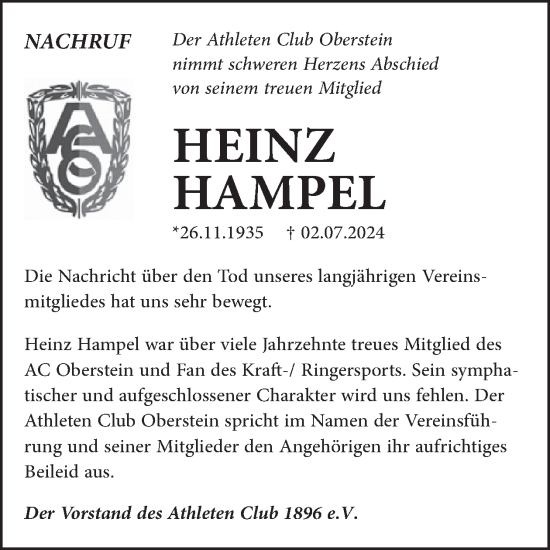 Traueranzeige von Heinz Hampel von WochenSpiegel