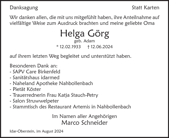 Traueranzeige von Helga Görg von WochenSpiegel