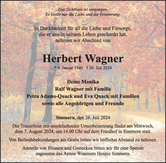 Traueranzeige von Herbert Wagner von WochenSpiegel