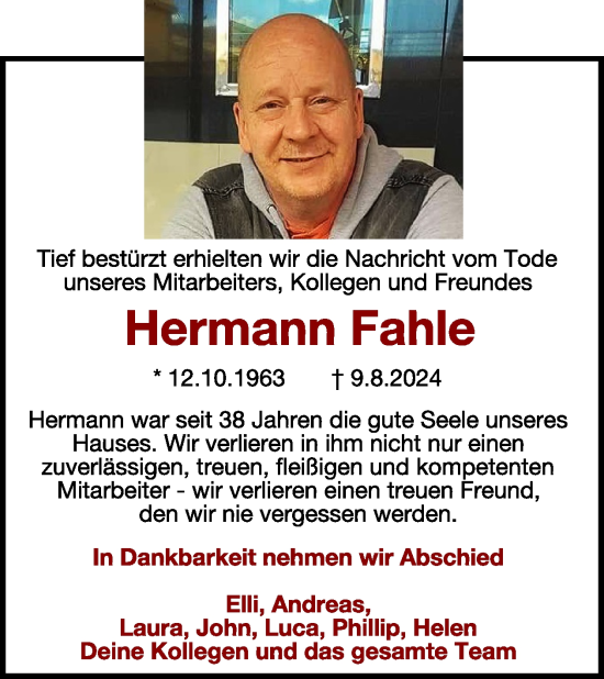 Traueranzeige von Hermann Fahle von WochenSpiegel