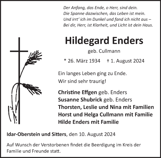 Traueranzeige von Hildegard Enders von WochenSpiegel