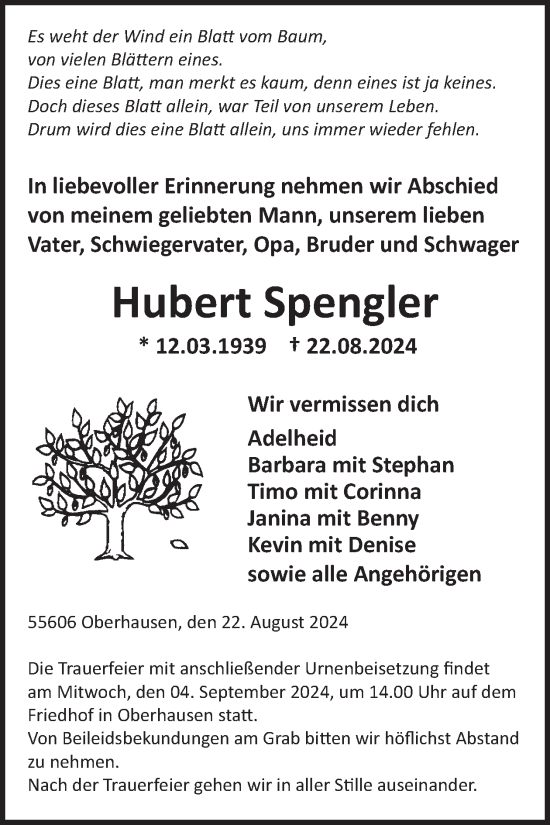 Traueranzeige von Hubert Spengler von WochenSpiegel