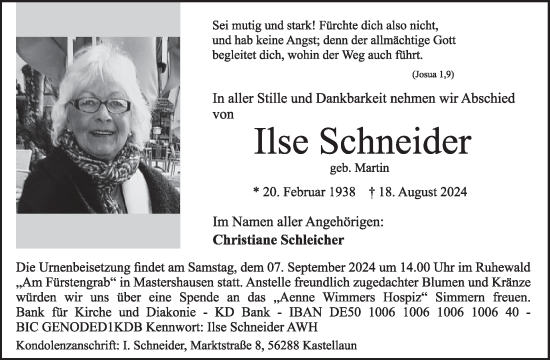 Traueranzeige von Ilse Schneider von WochenSpiegel