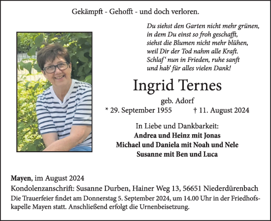 Traueranzeige von Ingrid Ternes von WochenSpiegel