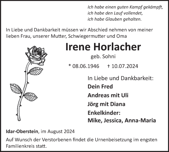 Traueranzeige von Irene Horlacher von WochenSpiegel