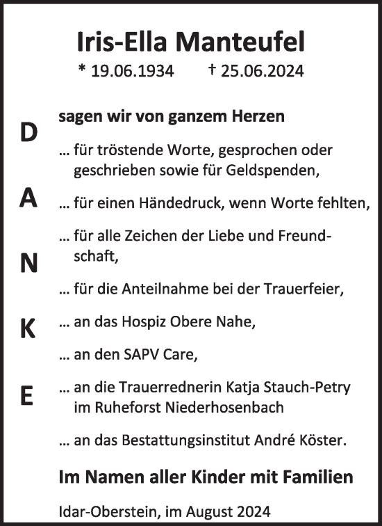 Traueranzeige von Iris-Ella Manteufel von WochenSpiegel
