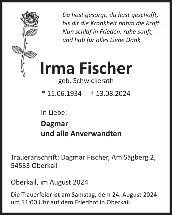 Traueranzeige von Irma Fischer von WochenSpiegel