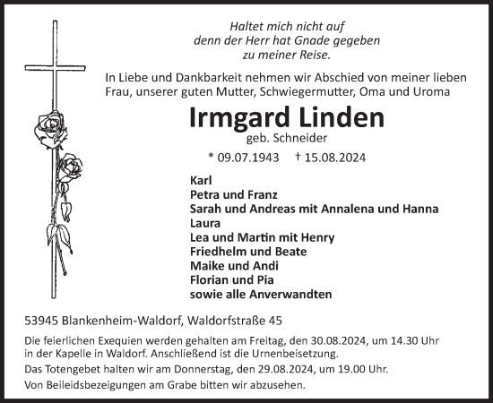 Traueranzeige von Irmgard Linden von WochenSpiegel