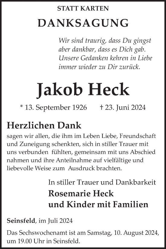 Traueranzeige von Jakob Heck von WochenSpiegel
