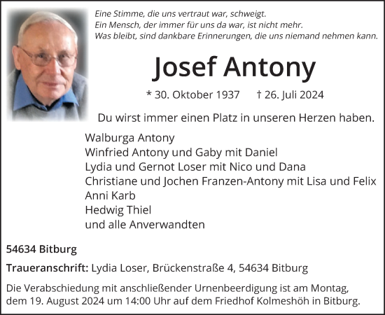 Traueranzeige von Josef Antony von WochenSpiegel