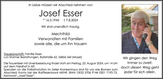Traueranzeige von Josef Esser von WochenSpiegel