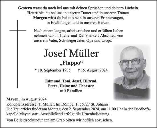 Traueranzeige von Josef Müller von WochenSpiegel