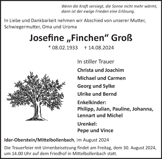 Traueranzeige von Josefine Groß von WochenSpiegel