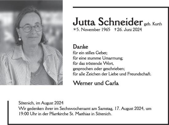 Traueranzeige von Jutta Schneider von WochenSpiegel