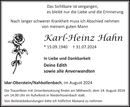 Traueranzeige von Karl-Heinz Hahn von WochenSpiegel