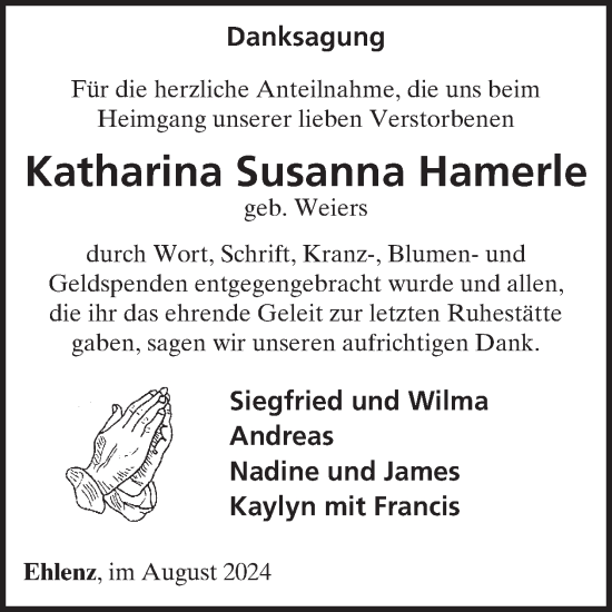 Traueranzeige von Katharina Susanna Hamerle von WochenSpiegel