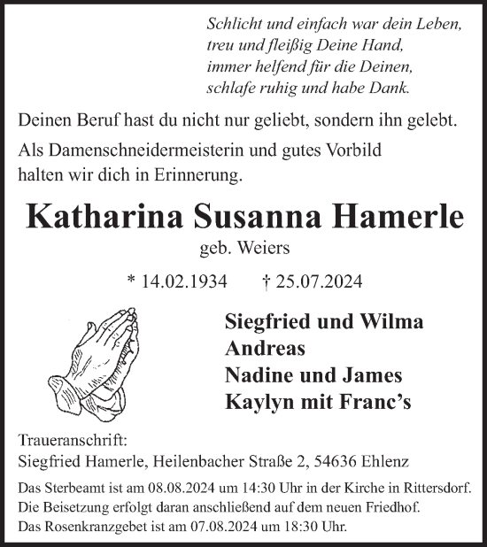 Traueranzeige von Katharina Susanna Hamerle von WochenSpiegel