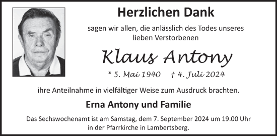 Traueranzeige von Klaus Antony von WochenSpiegel