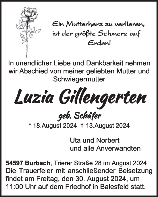 Traueranzeige von Luzia Gillengerten von WochenSpiegel