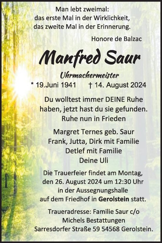 Traueranzeige von Manfred Saur  von WochenSpiegel