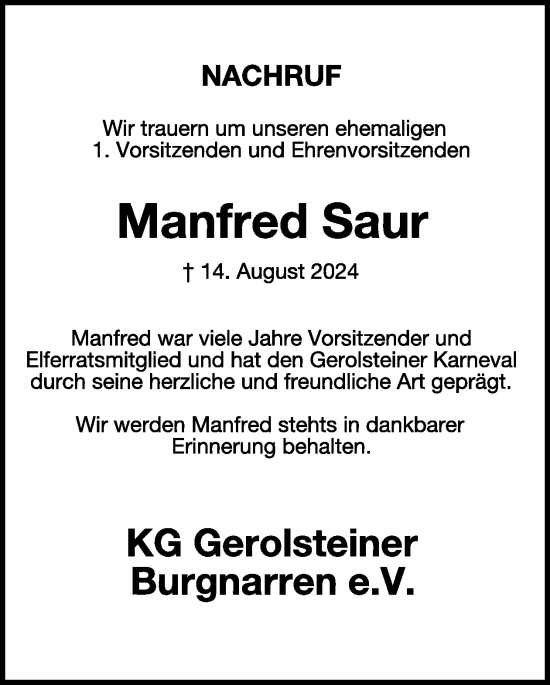 Traueranzeige von Manfred Saur  von WochenSpiegel