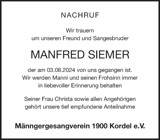 Traueranzeige von Manfred Siemer von WochenSpiegel