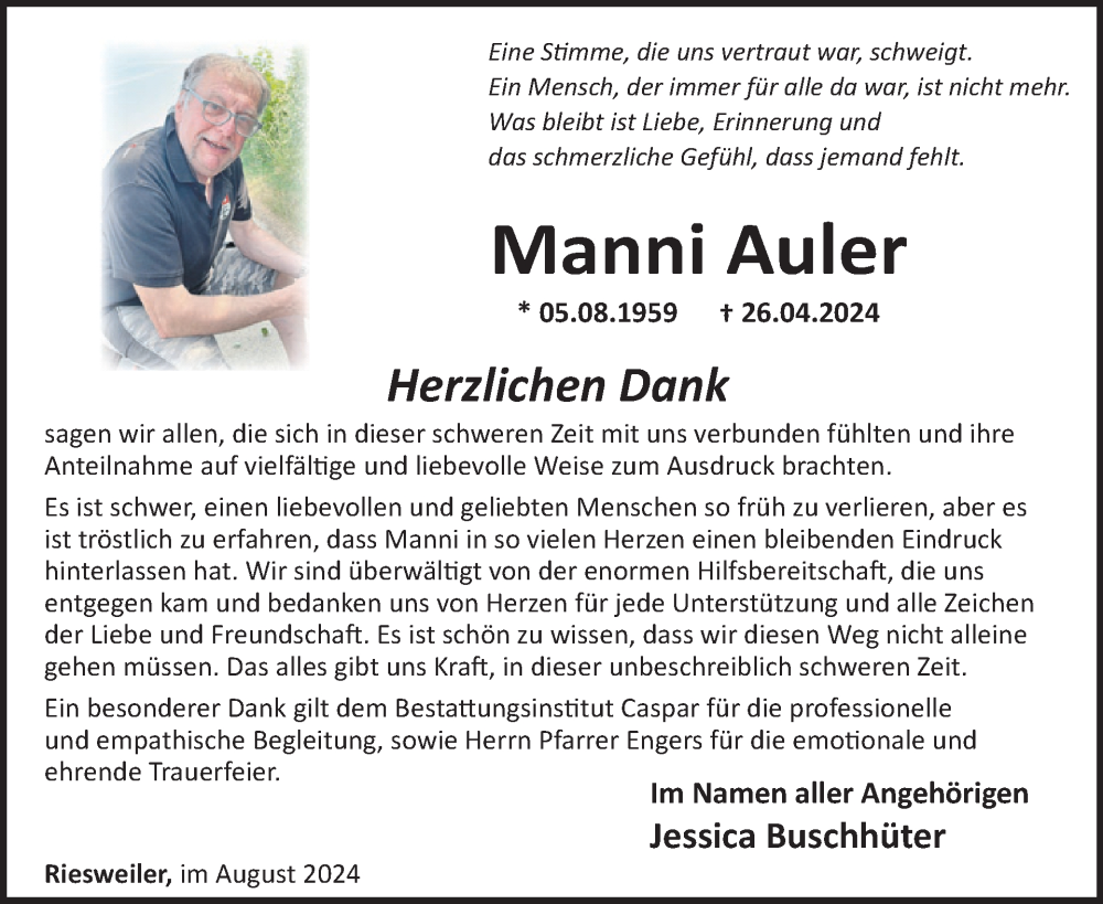  Traueranzeige für Manni Auler vom 31.08.2024 aus WochenSpiegel