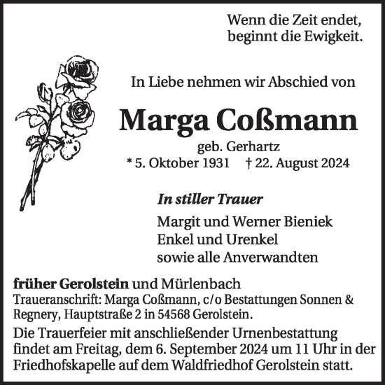 Traueranzeige von Marga Coßmann von WochenSpiegel
