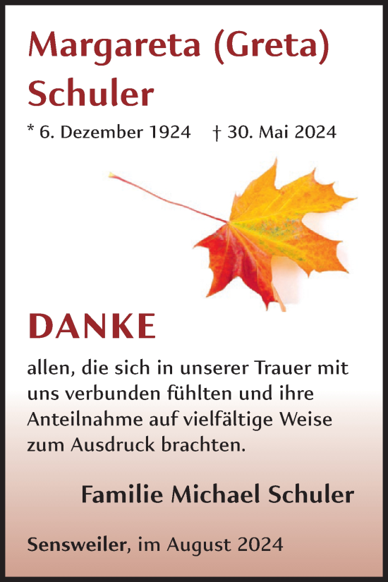 Traueranzeige von Margareta Schuler von WochenSpiegel