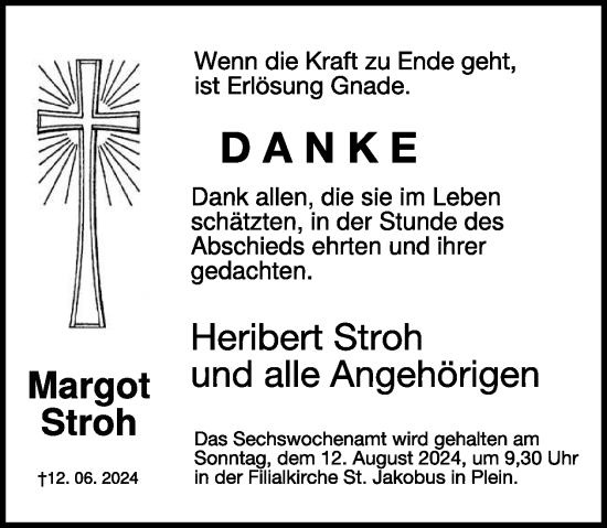 Traueranzeige von Margot Stroh von WochenSpiegel