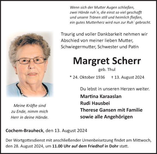 Traueranzeige von Margret Scherr von WochenSpiegel