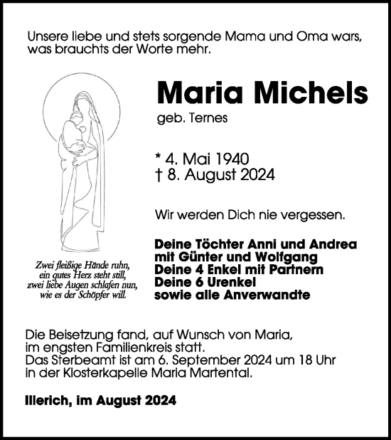 Traueranzeige von Maria Michels von WochenSpiegel